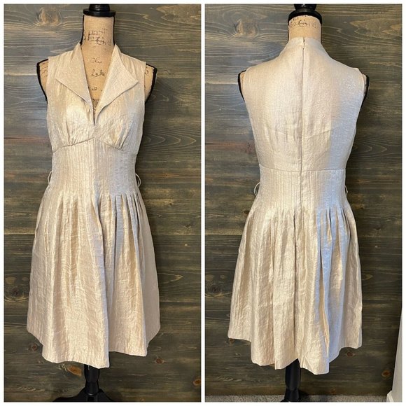 Maggy London Dresses & Skirts - Maggy London Fit & Flare Dress Size 8 Metallic Gold Sleeveless Front Pockets